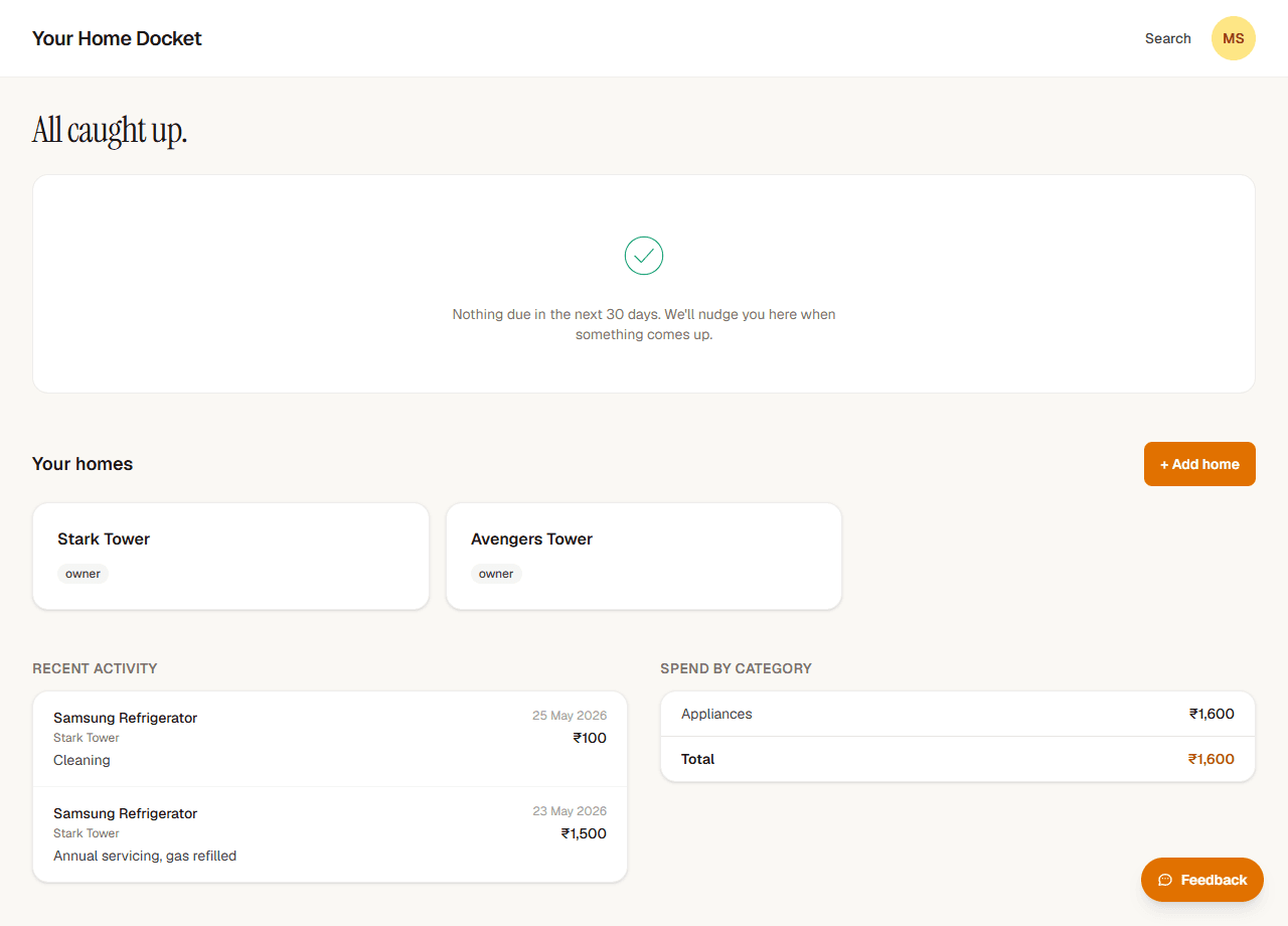 Your Home Docket dashboard — Needs your attention section with three maintenance reminders, Your homes grid, Recent activity and Spend by category panels.